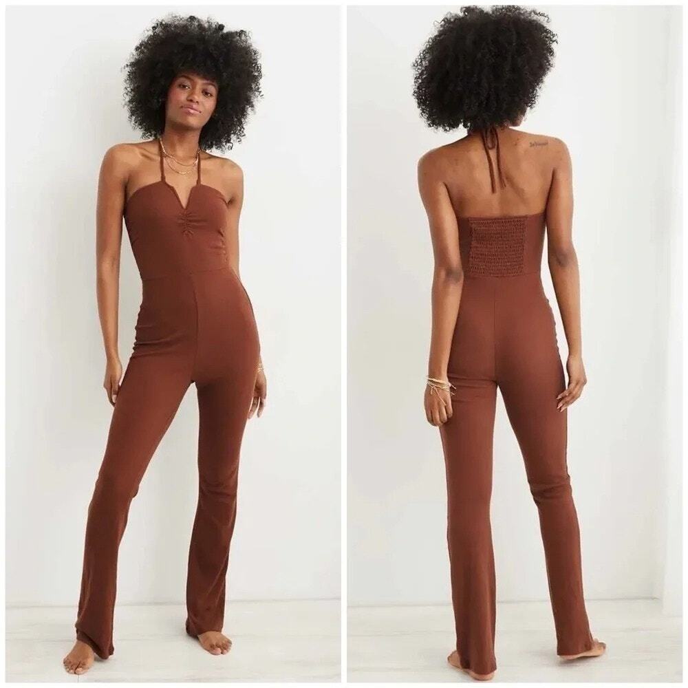 NEW Aerie Brown Halter Ribbed Slim Flare V-neck Boho Casual Jumpsuit XXL